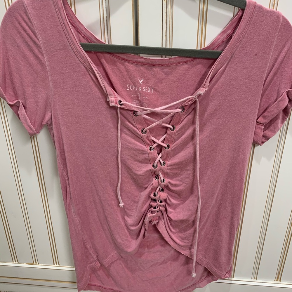 american eagle pink cross up tee